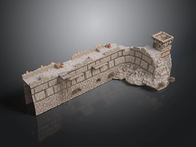 Ancient Stone Fortress Wall Structure With Crenellations And Watch Tower 3d model