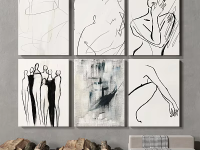 Black And White Line Art Wall Decor With Abstract Human Figures In Living Room 3d model