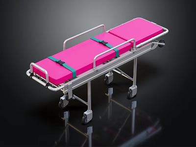 Mobile Medical Stretcher With Pink Mattress Metal Frame Green Straps And Lockable Wheels 3d model