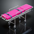 Mobile Medical Stretcher With Pink Mattress Metal Frame Green Straps And Lockable Wheels