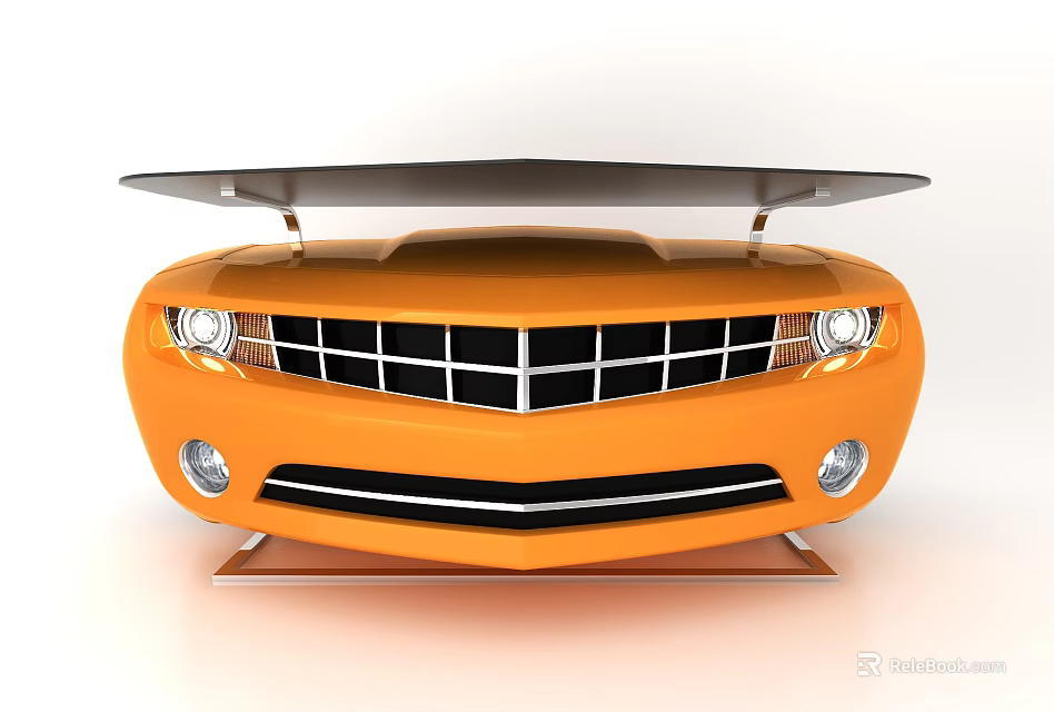 Modern Orange Reception Desk With Car Inspired Front Grille And Headlights Black Countertop 3d model 