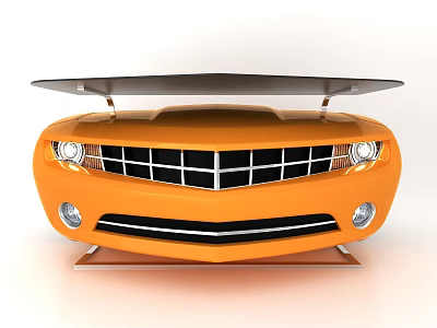 Modern Orange Reception Desk With Car Inspired Front Grille And Headlights Black Countertop 3d model