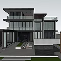 Modern Two Storey Detached Villa With Balcony Large Glass Windows Private Driveway And Greenery