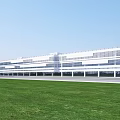Modern Industrial Factory Building With Glass Curtain Wall White Exterior Green Lawn And Open Area