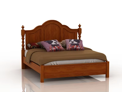 Classic Wooden Double Bed with Curved Carved Headboard and Plaid Pattern Pillows 3d model