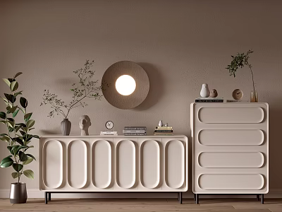 Elegant Modern Entryway And Side Cabinets With Round Panel Details Plants And Wall Light 3d model