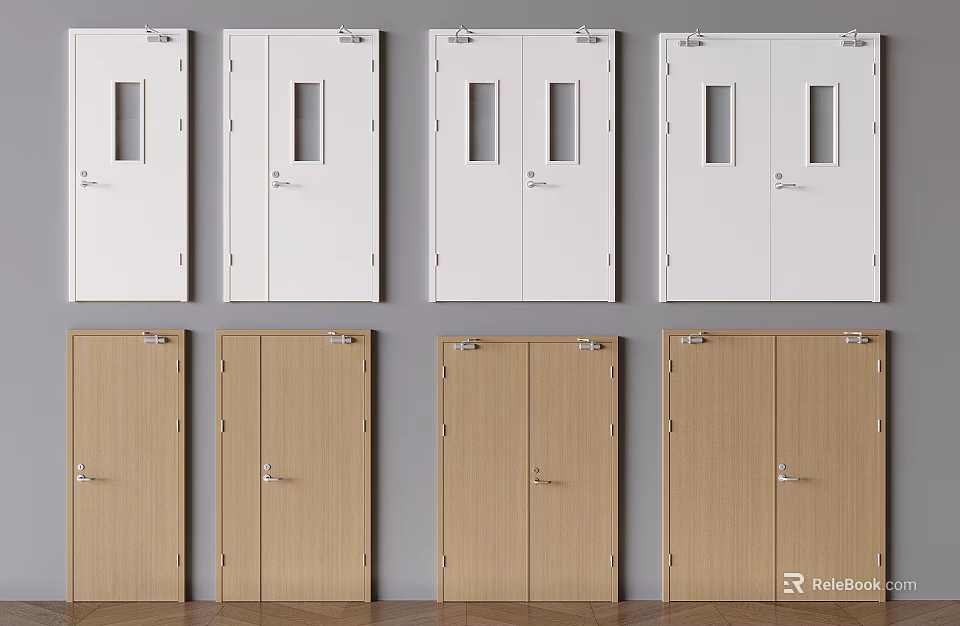 Fire Safety Doors Featuring White Wooden Single Double Designs For Building Protection 3d model 