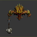 Mythical Game Character With Flame Spiked Hair Orange Red Skin Clawed Hands And Stone Hammer