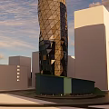 Modern Commercial Complex With Spiral Design And Diamond Shaped Glass Facade Against Sunset Sky