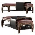 Brown And Black Leather Upholstered Footstool With Wooden Carved Legs