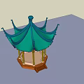 Traditional Chinese Pavilion With Green Curved Roof Yellow Pillars And Red Base