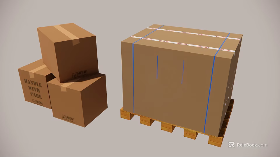 Stacked Cardboard Boxes With Large Package On Wooden Pallet For Shipping 3d model 