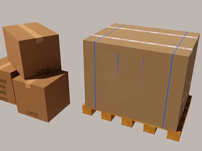 Stacked Cardboard Boxes With Large Package On Wooden Pallet For Shipping 3d model