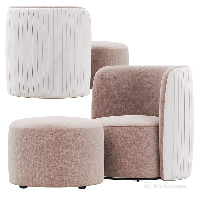 Elegant Light Brown Single Seater Sofa With Ribbed Fabric And Round Ottoman Stool 3d model 