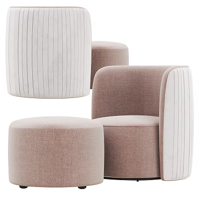 Elegant Light Brown Single Seater Sofa With Ribbed Fabric And Round Ottoman Stool 3d model