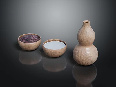 Handcrafted Wooden Bowls With Purple Grains White Powder And Gourd Shaped Vase 3d model