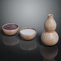 Handcrafted Wooden Bowls With Purple Grains White Powder And Gourd Shaped Vase