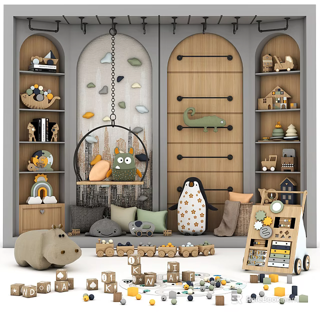 Kids Sports Equipment in Playroom with Toy Shelves and Stuffed Animals 3d model 