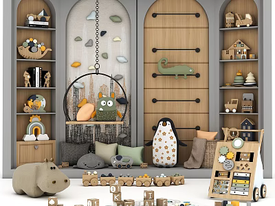 Kids Sports Equipment in Playroom with Toy Shelves and Stuffed Animals 3d model