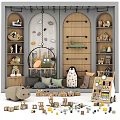 Kids Sports Equipment in Playroom with Toy Shelves and Stuffed Animals