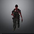Red Humanoid Character Standing With Mechanical Arm Tactical Gear And Gun