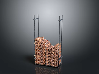 Firewood Storage Rack With Stacked Wooden Logs And Metal Frame Design 3d model