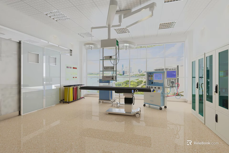 Modern Operating Room Interior With Surgical Table Medical Lights Windows And Cabinets 3d model 