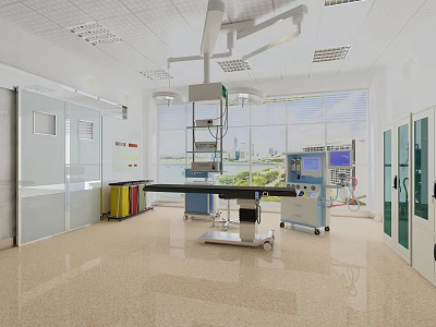Modern Operating Room Interior With Surgical Table Medical Lights Windows And Cabinets 3d model