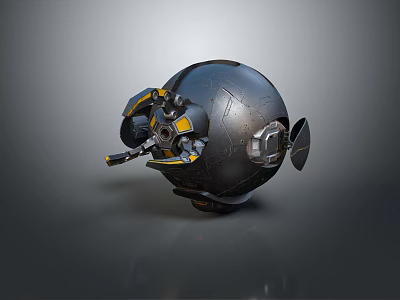 Modern Black Spherical Electronic Device With Yellow Accents And Mechanical Components 3d model