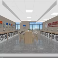 Modern Laundry Shop Interior with Multiple Washing Machines Wooden Table Chairs and Posters