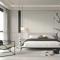 Modern Bedroom Interior Design With Minimalist Bed Ink Painting Wall Art And Green Accent Chair