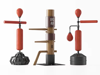 Professional Boxing Training Equipment With Red Standing Punching Balls And Wooden Multi Layer Post 3d model