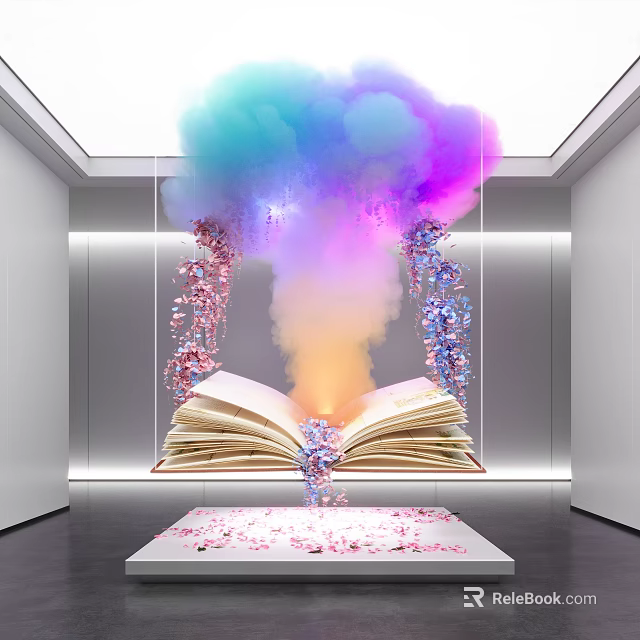 Open Book With Colorful Smoke And Glowing Fragments In White Room Lighting 3d model 