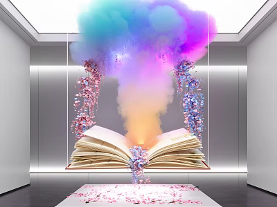 Open Book With Colorful Smoke And Glowing Fragments In White Room Lighting 3d model