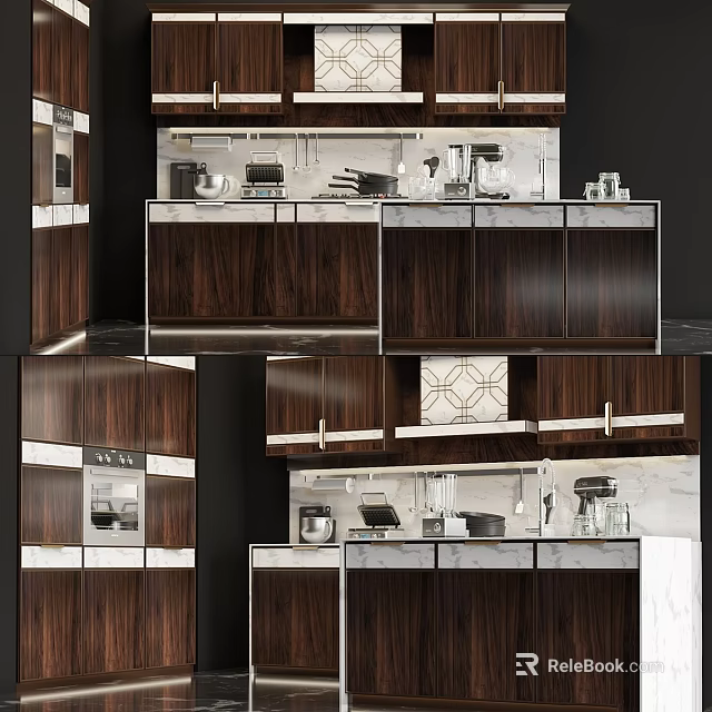 Modern Kitchen Interior With Walnut Cabinets Sleek Design And Marble Countertops 3d model 