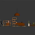 Modern Stylish Office Desk Setup With Ergonomic Chair Wooden Bookshelf And Pendant Light