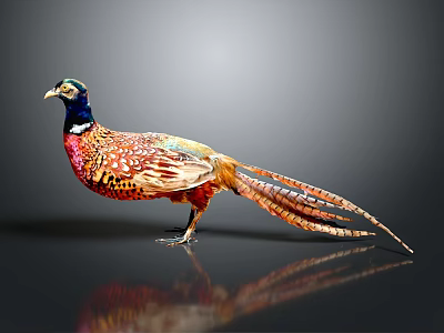 Vibrant Pheasant With Colorful Plumage And Long Tail Feathers Standing On Smooth Surface With Reflection 3d model