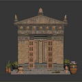 Classical Stone Temple Structure With Ornate Roof Entrance Steps And Decorative Vases
