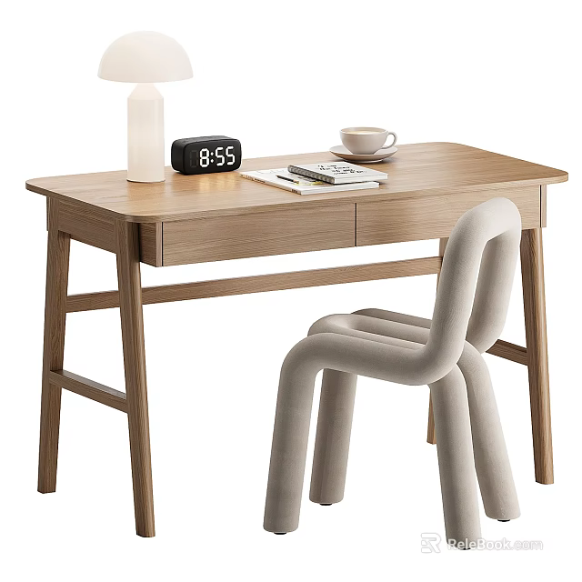 Light Natural Wood Home Office Desk With Storage Drawers And Stylish Comfortable Upholstered Chair 3d model 