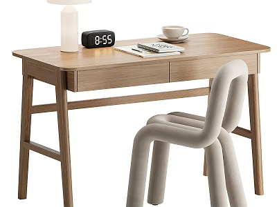 Light Natural Wood Home Office Desk With Storage Drawers And Stylish Comfortable Upholstered Chair 3d model