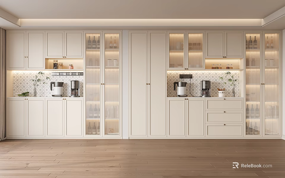 Modern Luxury Kitchen Wine Cabinet With Glass Doors Built in Lighting And Coffee Makers 3d model 