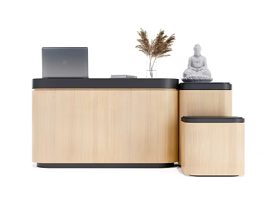 Modern Wooden Reception Desk With Laptop Dried Plant Vase And Buddha Statue 3d model