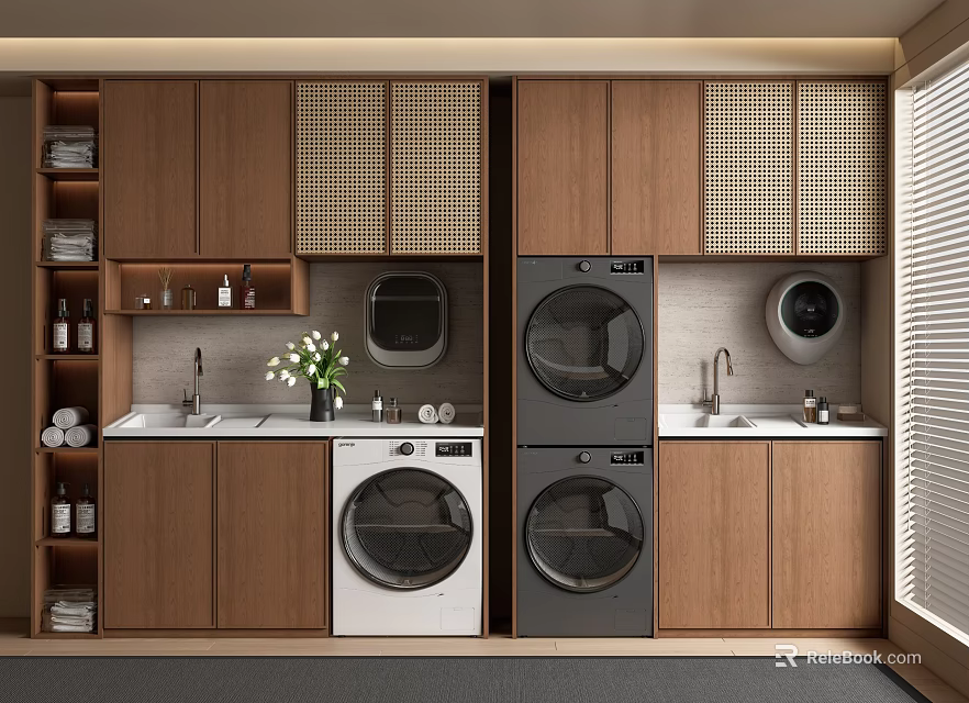 Modern Laundry Room Interior With Double Washers Wooden Cabinets Sinks And White Flowers 3d model 
