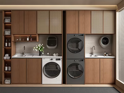 Modern Laundry Room Interior With Double Washers Wooden Cabinets Sinks And White Flowers 3d model