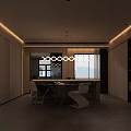 Modern Minimalist Open Living And Dining Room With Panoramic City View And Soft Warm Lighting