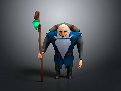 Old Man Character With Long White Beard Holding Staff With Green Gem And Backpack 3d model