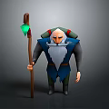 Old Man Character With Long White Beard Holding Staff With Green Gem And Backpack