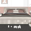Cozy Kids Bed with Soft Padded Headboard Pink White Pillows and Toys on Bedroom Carpet