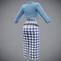 Stylish Women's Outfit With Blue Cardigan White Top Checkered Skirt And Red Buckle