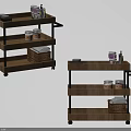 Multi Tiered Wooden Mobile Coffee Table With Wheels Storage Baskets Plates And Bottles